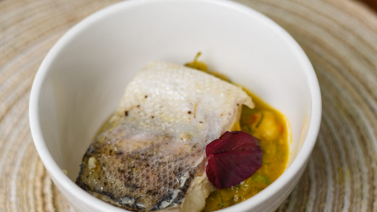 Butter Poached Barracuda, Fisherman Soup, Pounded Yam Gnocchi & Pepper Soup Spice Oil.
